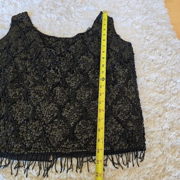 Elegant Black Sequin Sleeveless Top Fringe Vintage 100% Wool Size Large Glam - Picture 2 of 4